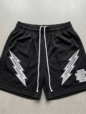 Eric Emanuel Black Mesh Athletic Shorts with White Lightning